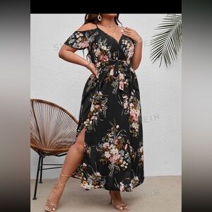 VCAY Plus Floral Print Cold Shoulder Split Thigh Belted Dress NWOT